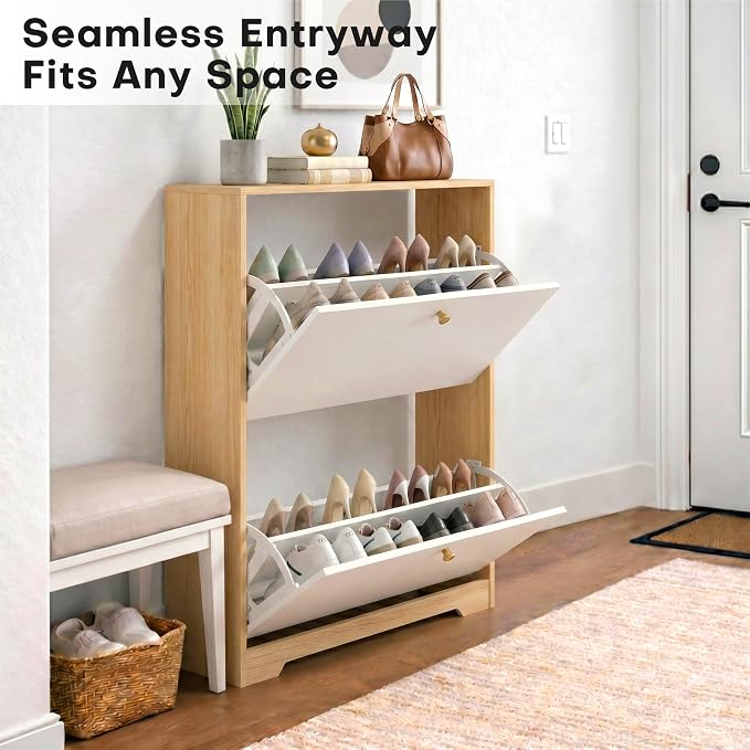 Nicetree Shoe Cabinet with 2 Flip Drawers, Narrow Shoe Organizer Cabinet - Image 3