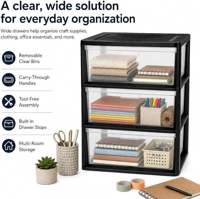Wide 3 Drawer Plastic Storage Tower Clear Chest Organizer | Clear Removable - Image 5