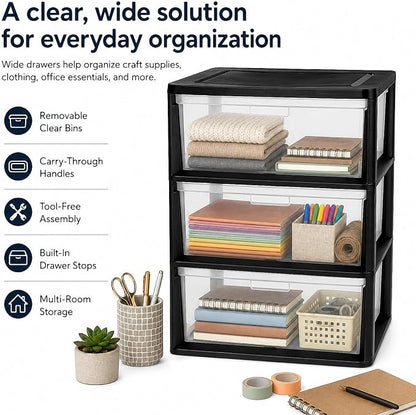 Wide 3 Drawer Plastic Storage Tower Clear Chest Organizer | Clear Removable - Image 5