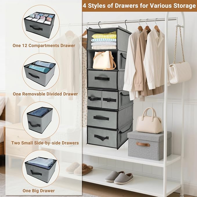 6-Tier Hanging Shelves with 5 Drawers & 3 Side Pocket, Durable Fabric Hanging - Image 3