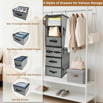 6-Tier Hanging Shelves with 5 Drawers & 3 Side Pocket, Durable Fabric Hanging - Image 3