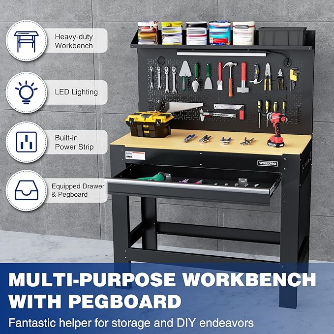 WORKPRO Garage Workbench with Storage, Power Outlets and Light, 800 LBS - Image 3