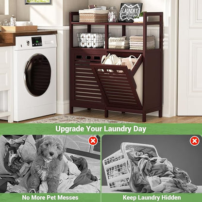 Homykic Tilt Out Laundry Hamper Cabinet, Bamboo Double Laundry Hamper - Image 5