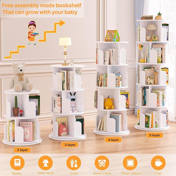 Aheaplus 5 Tier Rotating Bookshelf, Wood Spinning Bookshelf Tower, Round - Image 4