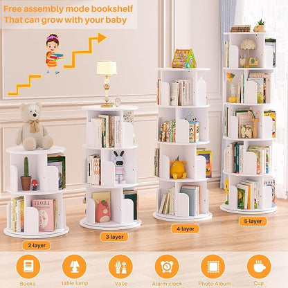 Aheaplus 5 Tier Rotating Bookshelf, Wood Spinning Bookshelf Tower, Round - Image 4