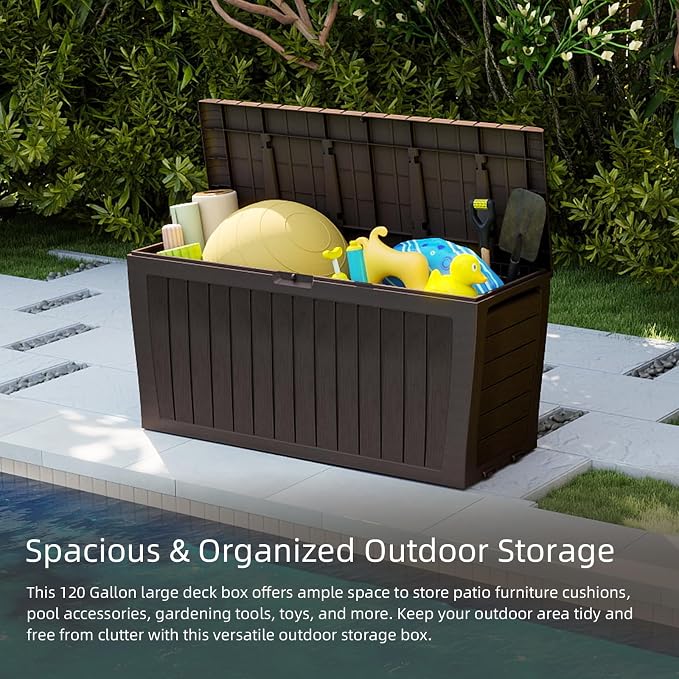 120 Gallon Resin Deck Box，Outdoor Storage Box, Waterproof Lockable Large - Image 3