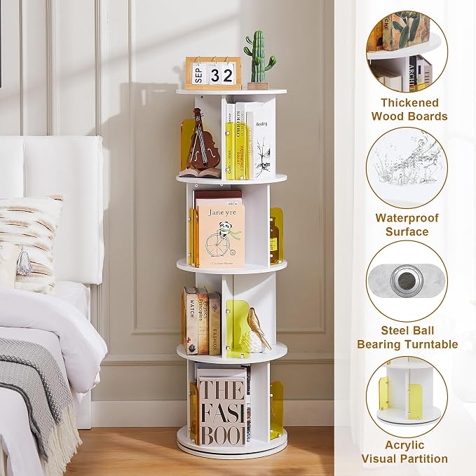 VECELO Rotating Bookshelf Tower, 360°Revolving Bookcase, Round Book Shelf - Image 5