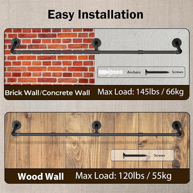 Wall Mounted Clothes Rack 72.5in, Industrial Pipe Clothing Racks Wall Mount - Image 3
