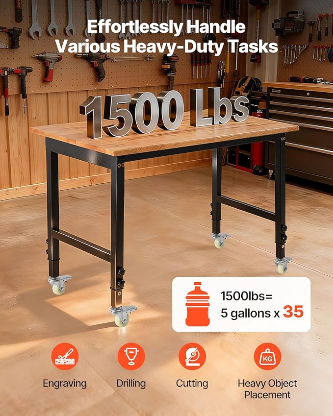 VEVOR Adjustable Workbench on Wheels, 1500 lbs Capacity, 48 x 24 Inch Oak Wood - Image 2