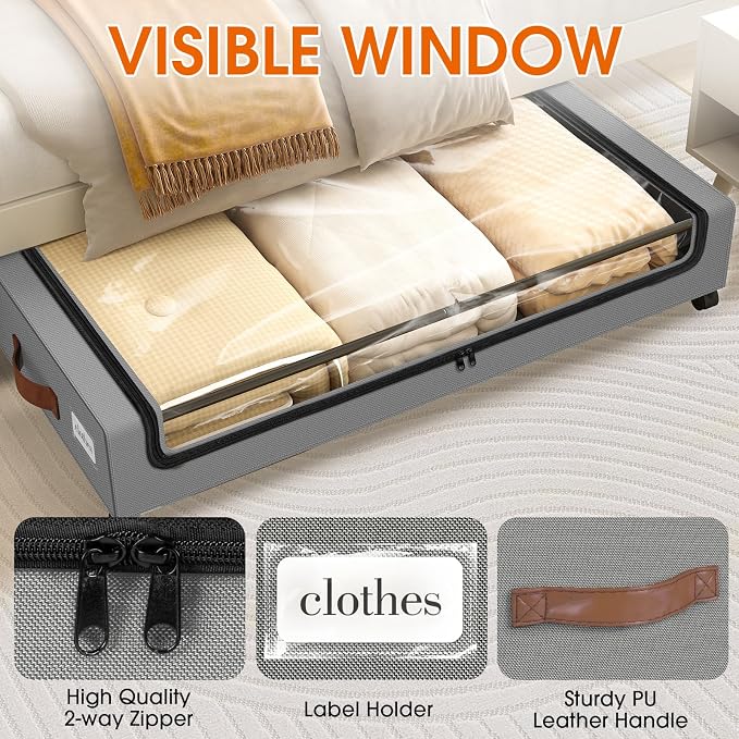 Under Bed Storage with Wheels 2Pack Underbed Storage with Clear Window&Label - Image 3