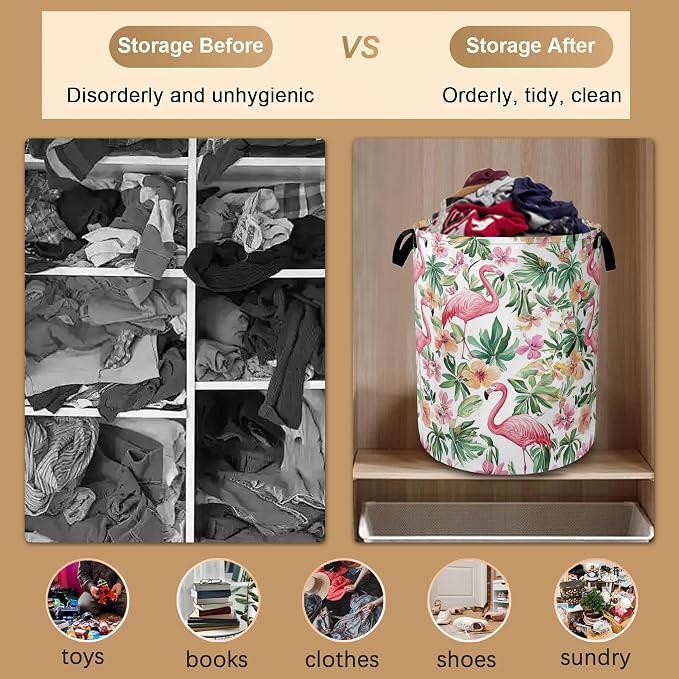 Pink Flamingo Laundry Basket, Floral Plam Collapsible Laundry Baskets - Image 5