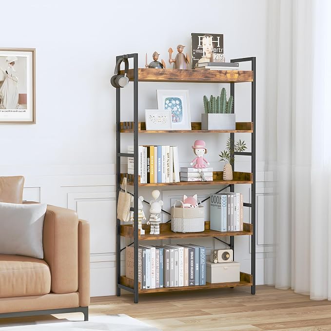 HCHQHS 5 Tier Bookshelf, Adjustable Industrial Bookcase, Vertical Tall Book - Image 2