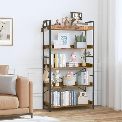HCHQHS 5 Tier Bookshelf, Adjustable Industrial Bookcase, Vertical Tall Book - Image 2