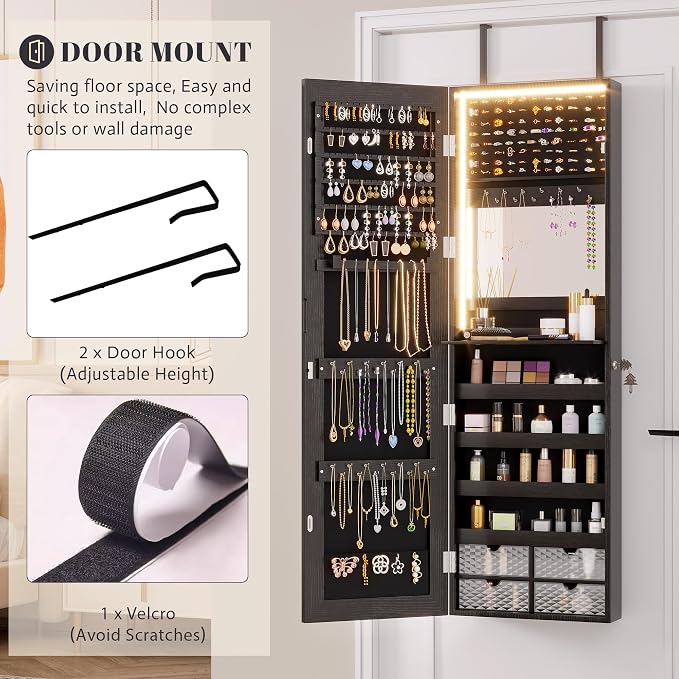 Vlsrka 47.2" LED Jewelry Armoire Organizer, Wall/Door Mounted - Image 6