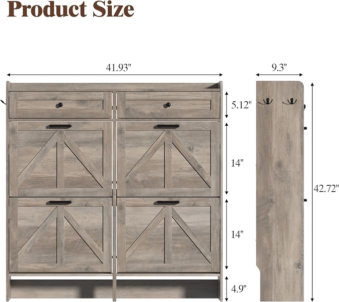 Thacuok Shoe Cabinet with 4 Flip Drawers & 2 Storage Drawers, Rustic Farmhouse - Image 2
