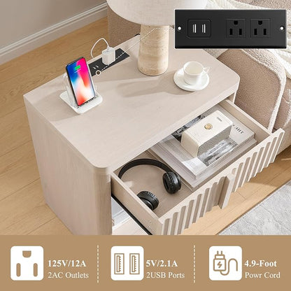 Fluted Nightstand with Charging Station, 23.6" End Table with Open Shelf and - Image 4