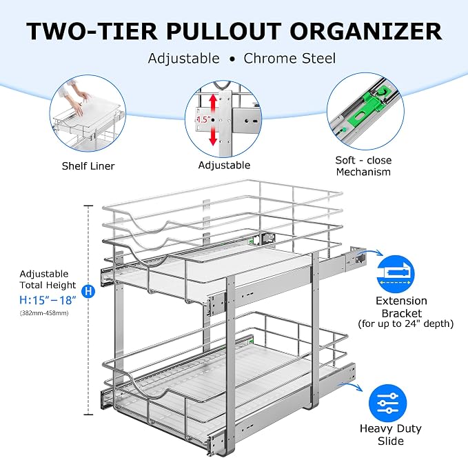 WelFurGeer 2-Tier Kitchen Cabinet Pullout Shelf and Drawer Organizer, Soft - Image 5