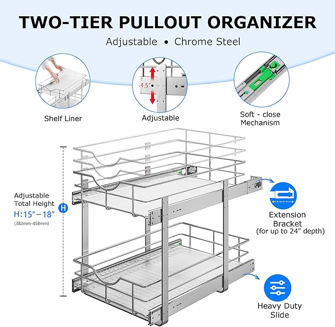 WelFurGeer 2-Tier Kitchen Cabinet Pullout Shelf and Drawer Organizer, Soft - Image 5