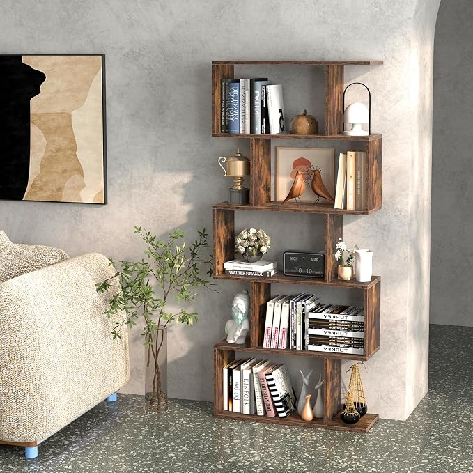 5-Tier Geometric Bookcase, 62.5” Freestanding Room Divider Bookshelf - Image 9
