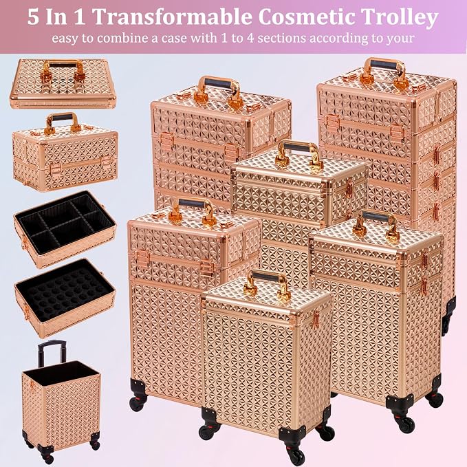 AROUS 5 in 1 Rolling Makeup Train Case Cosmetology Case on Wheels Large - Image 3