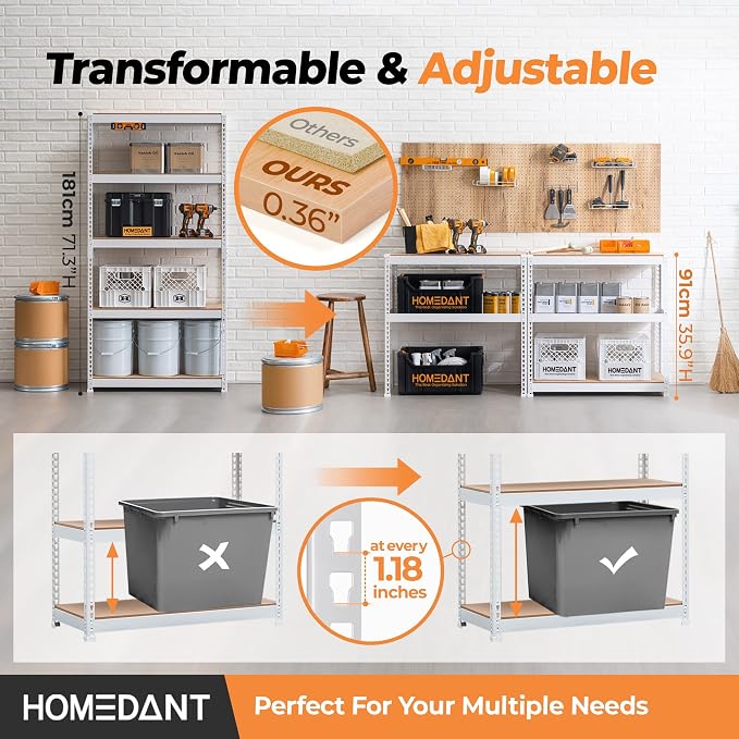 HOMEDANT 5 Tier Storage Shelves Adjustable Laminated Boltless Garage Metal - Image 4