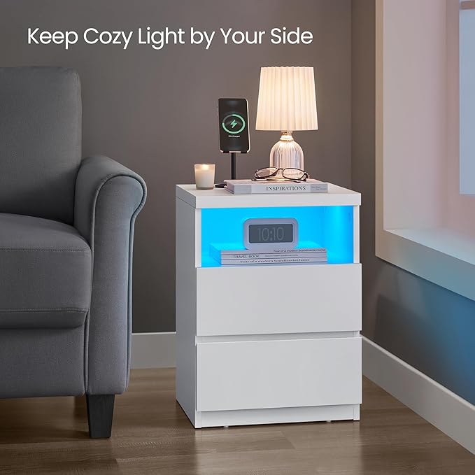 VASAGLE Nightstand with Adjustable LED Light, Bedside Table with Drawers - Image 4