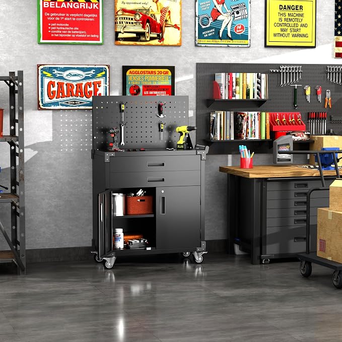 SUXXAN Black Tool Cart with Pegboard and 4 Hooks, Garage Storage Cabinet on - Image 6