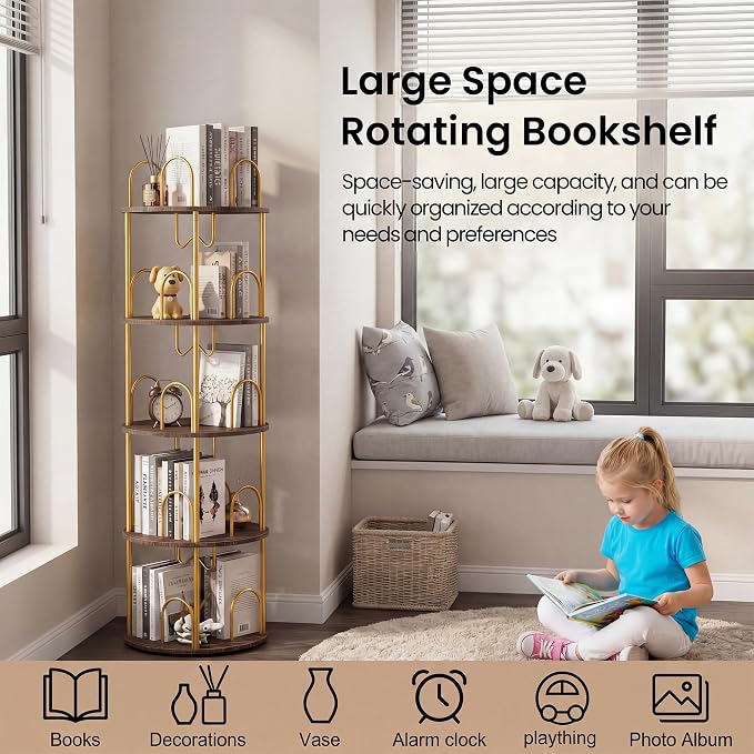 4 Tier Rotating Bookshelf, 360° Spinning Bookshelf Tower, Narrow Corner Book - Image 5