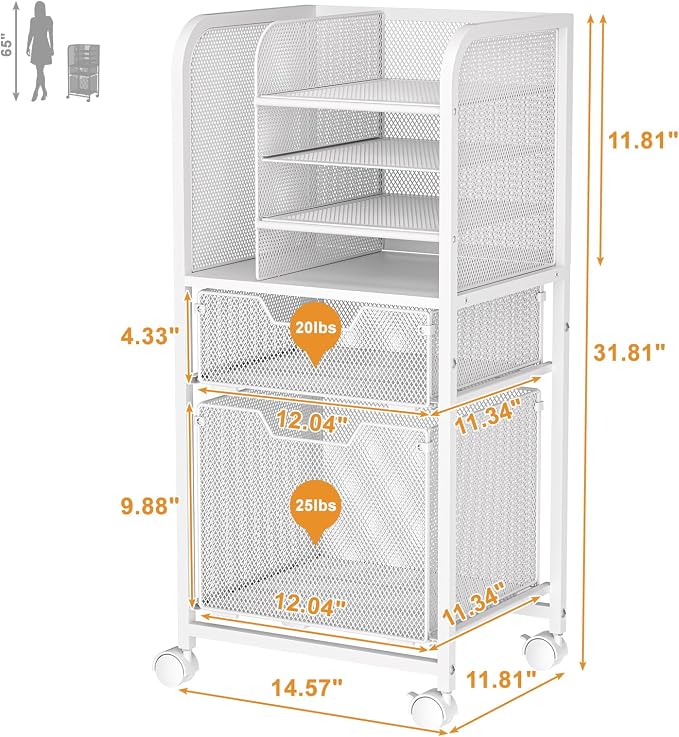 Rolling File Cart with 2 Drawers, Letter-Size File Storage with Wheels - Image 9