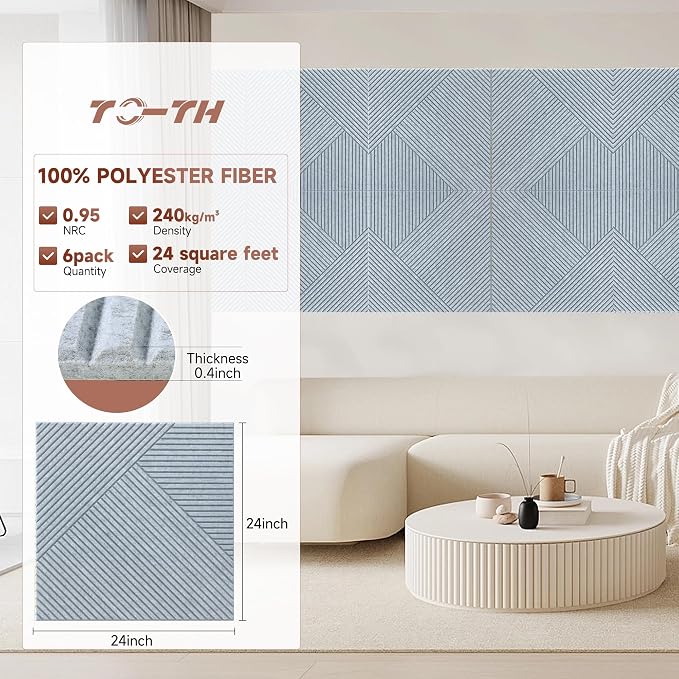 TO-TH Acoustic Wall Panels, 6 Pack Total Size 72 x 48 Inches, Self-Adhesive - Image 3