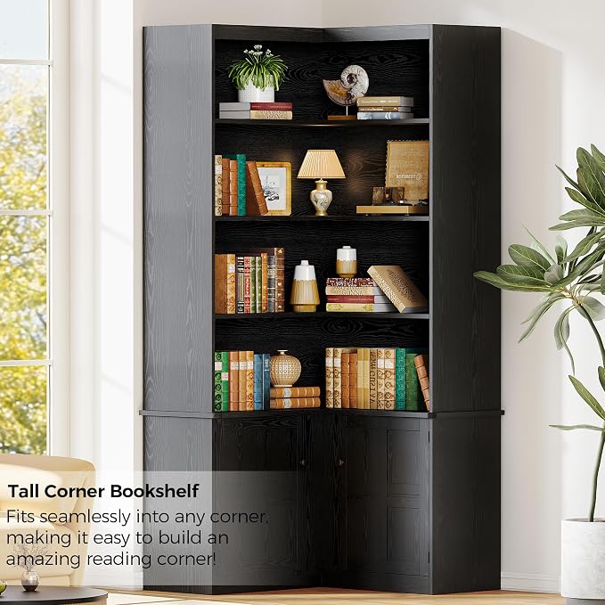 IRONCK Corner Bookshelf with Doors, 6 Tier Bookcase with Storage, Corner Shelf - Image 5