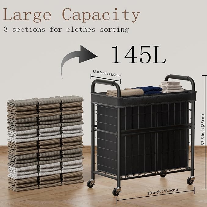 Laundry Hamper 3 Section, 145L Rolling Laundry Sorter Basket - Image 3