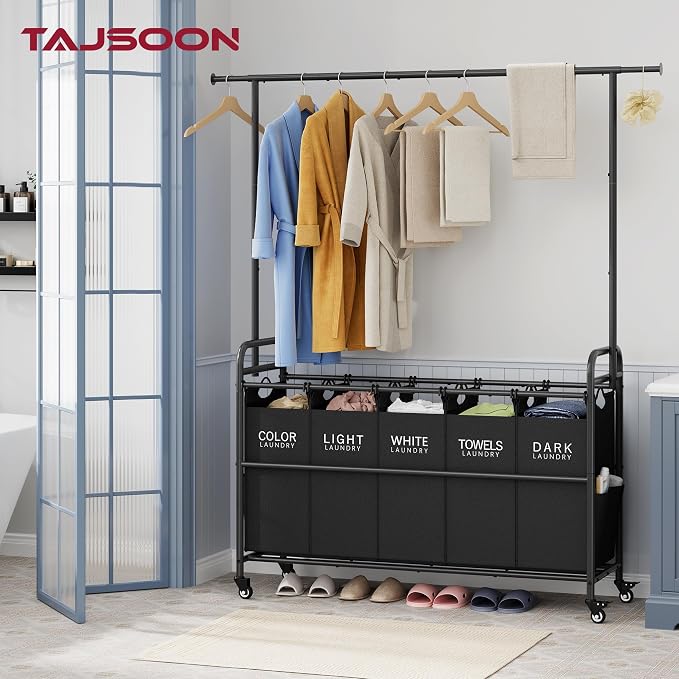 Tajsoon Laundry Sorter with Hanging Rack, 5 Section Laundry Sorter, Rolling - Image 2