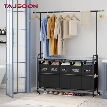 Tajsoon Laundry Sorter with Hanging Rack, 5 Section Laundry Sorter, Rolling - Image 2