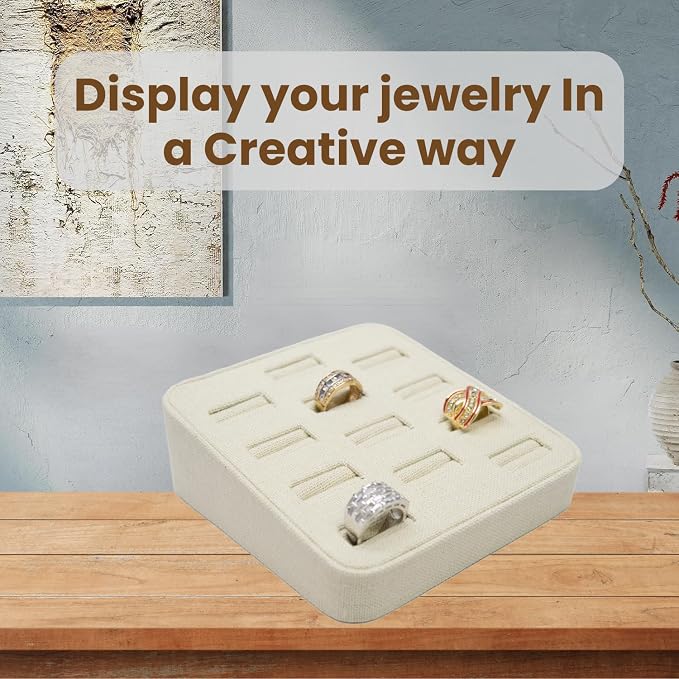 Novel Box 12-Slot Beige Linen Rings/Earrings/Cufflinks Holder Tray 5.75x5x2 - Image 4