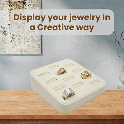 Novel Box 12-Slot Beige Linen Rings/Earrings/Cufflinks Holder Tray 5.75x5x2 - Image 4