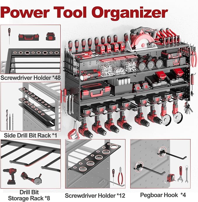 4 Tier Power Tool Organizer Wall Mount, 8 Cordless Tool Rack, 320LBS Heavy Duty - Image 3
