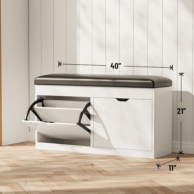 40" Shoe Storage Bench with 2 Flip Drawers & Padded Seat Cushion, Shoe Cabinet - Image 2