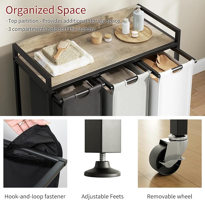 Laundry Hampers with Shelf, Laundry Basket 3 Section, Laundry Sorter with - Image 3