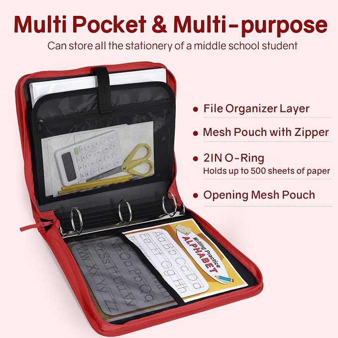 SUNEE Zippered Binder Bag with Handle, 2-Inch 3-Ring O-Ring, 500-Sheet Capacity - Image 3