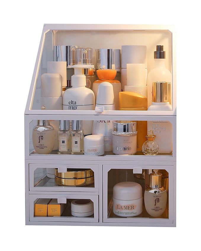 MOOCHI White Vintage Glass Cosmetic Makeup Organizer 3 Drawers Set Dust by MOOCHI
