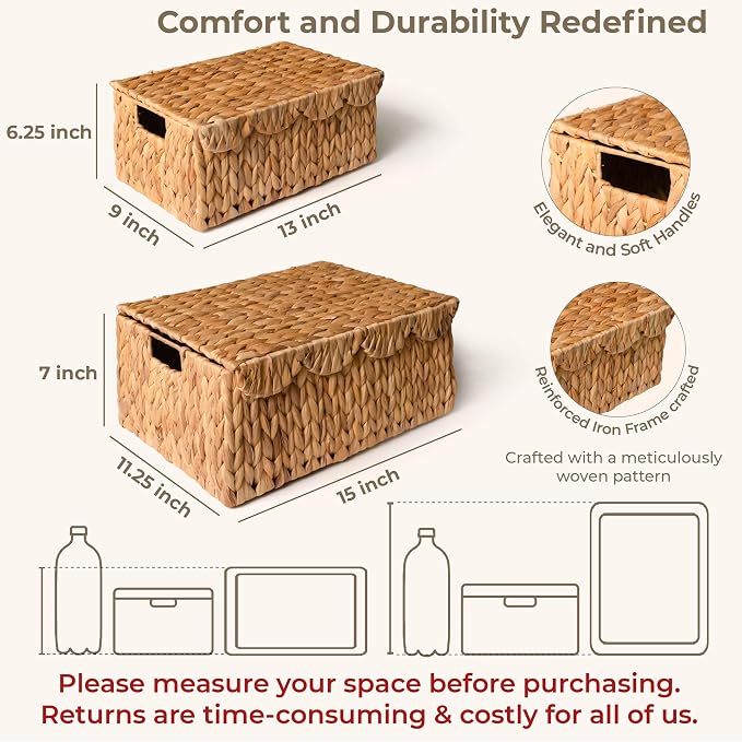 KOKODO Set of 2 Scalloped Wicker Baskets – Handwoven Rectangular Water Hyacinth - Image 2