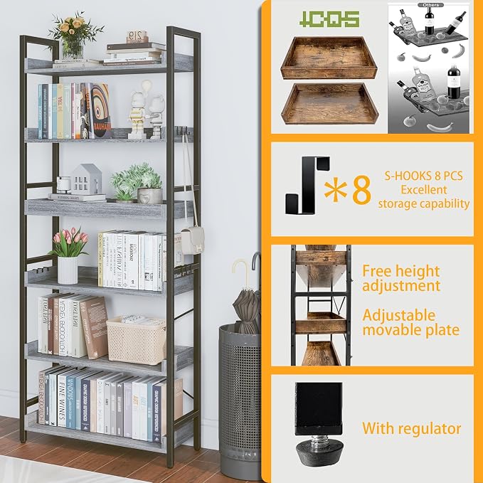 HCHQHS 6 Tier Bookshelf, Adjustable Industrial Bookcase, Vertical Tall Book - Image 6