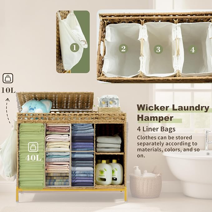 Laundry Hamper with Lid, 130L Rattan Laundry Hamper 3 Section with 50L Storage - Image 3