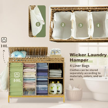 Laundry Hamper with Lid, 130L Rattan Laundry Hamper 3 Section with 50L Storage - Image 3