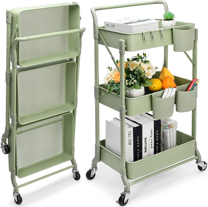 Foldable 3 Tier Rolling Cart, Metal Utility Cart, Folding Mobile Multi-Function by Johgee