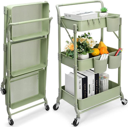 Foldable 3 Tier Rolling Cart, Metal Utility Cart, Folding Mobile Multi-Function by Johgee