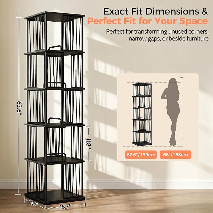 Black Rotating Bookshelf Tower 360° 5 Tier Tall Revolving Bookcase | Narrow - Image 2