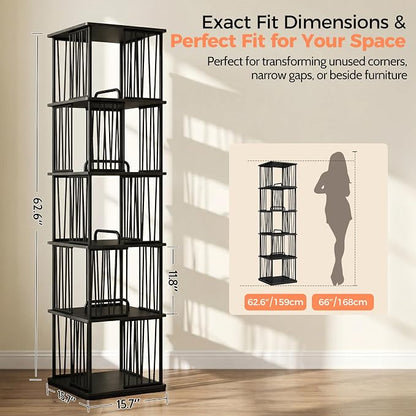 Black Rotating Bookshelf Tower 360° 5 Tier Tall Revolving Bookcase | Narrow - Image 2