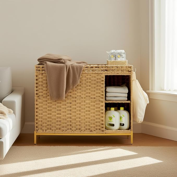 Laundry Hamper with Lid, 130L Rattan Laundry Hamper 3 Section with 50L Storage - Image 8